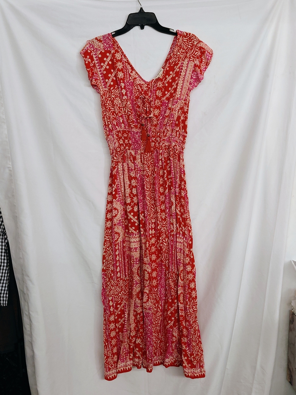 Red Floral V-Neck Maxi Dress with Smocked Waist